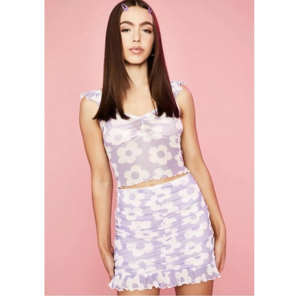 Sugar Thrillz Floral Pollen In Love Stretchy Sheer Mesh Ruched Mini Skirt Lilac - Picture 2 of 12